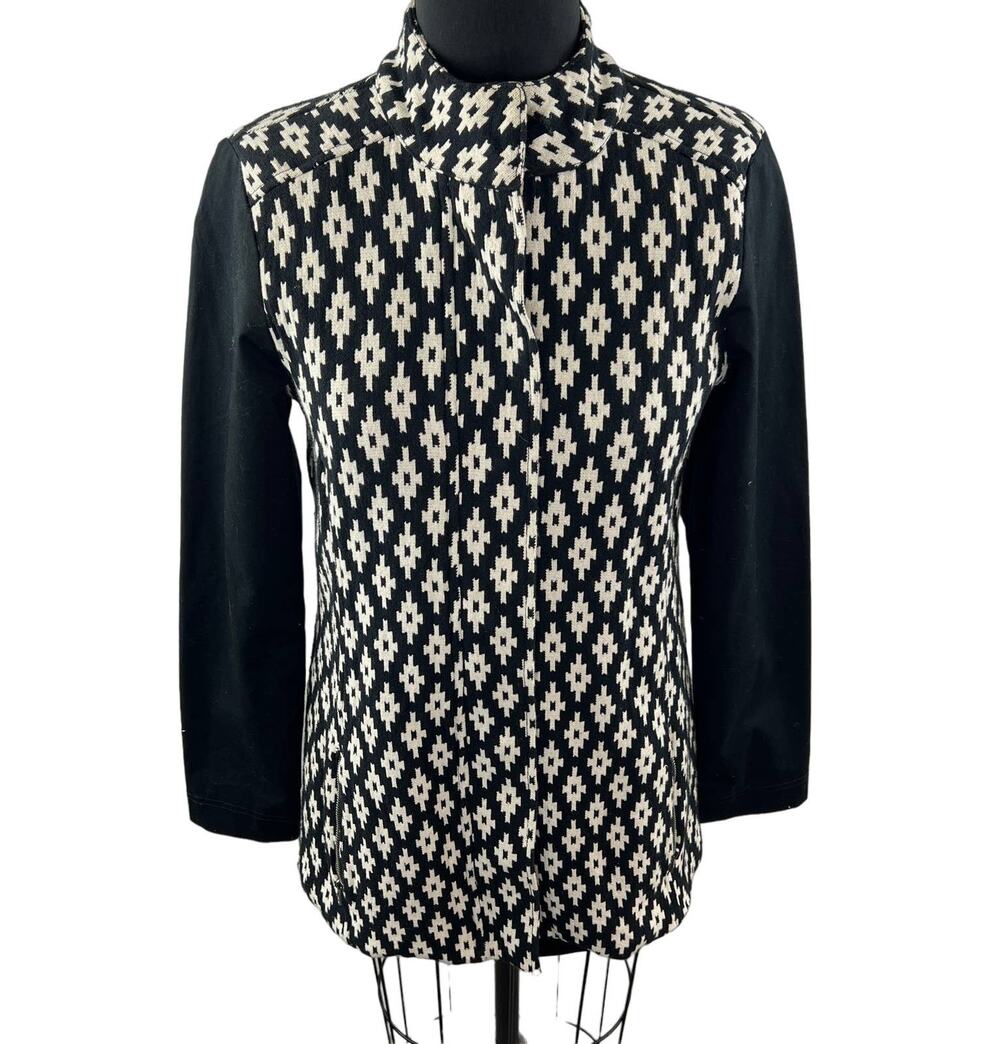 LUCKY BRAND Black White S Coat Geometric Print Mock Neck Long Sleeve Regular Fit